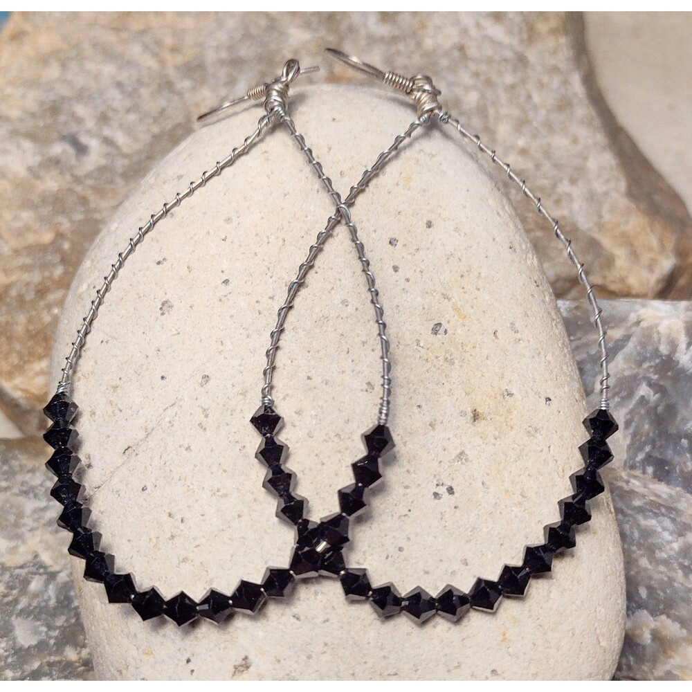 BIG Sterling Silver Black Crystal Beaded Hoop Dangle Earrings